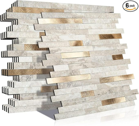 KASARO 6-Sheet Peel and Stick Backsplash Tiles for Kitchen, Marble Beige with Vintage Golden Embellished Stripes, Self-Adhesive Aluminum Wall Tile Stick on Bathroom, Fireplace, RV