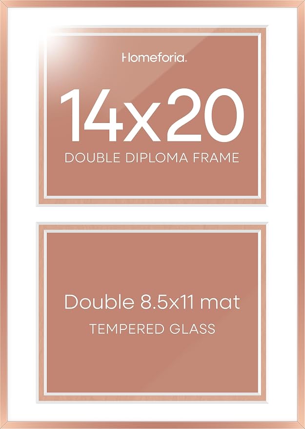 Homeforia 14x20 Double Diploma Frame, High End Metal 14 x 20 Rose Gold Certificate Frames with Mat for Two 8.5x11 Diplomas, 20x14 Dual Award Graduation Matted Frame, Tempered Glass, Wall Kit, Set of 2
