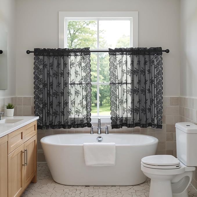 Kotile Black Lace Curtains 45 Inch Length 2 Panels, Country Rustic Floral Gothic Sheer Curtains for Kitchen Window, Rod Pocket Vintage Privacy Sheer Lace Curtain, 42 x 45 Inch Each, 1 Pair, Black