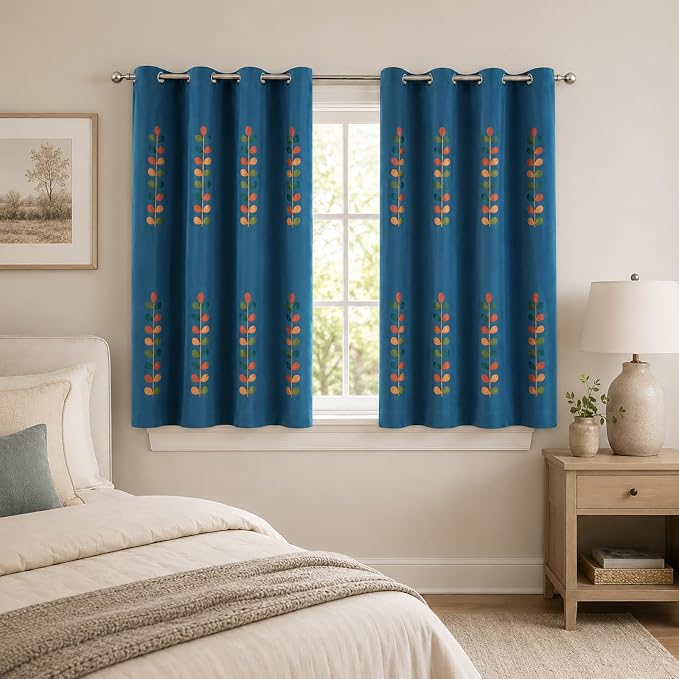 VOGOL Colorful Leaves Embroidered Curtains, Country Style Light Filtering Drapes for Dining Room, Blue View Reducing Privacy Grommet Window Treatments, 52 x 63 Inches, 2 Panels