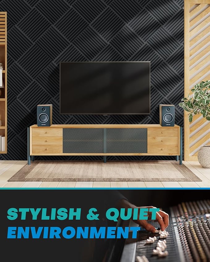 Knightsacoustic 24 Pack Sound Proof Foam Panels for Walls with Self Adhesive, 12x12x1 Acoustic Foam Panels, High Density Acoustic Panels Sound Absorbing, Fire Resistant Studio Sound Proofing Black