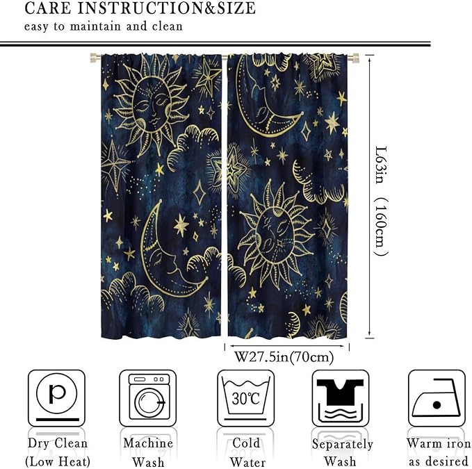 Boho Sun Moon Blackout Window Curtains, Bohemia Theme Sun Moon Stars Print Pattern Rod Pocket Window Drapes, for Living Room Bedroom 55x63in 2 Panels