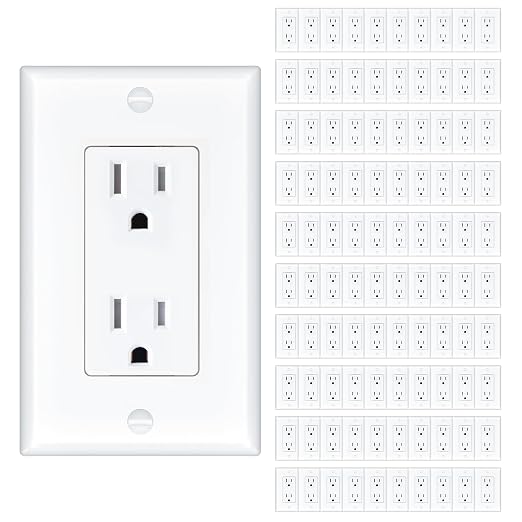 Amico Wall Outlet, UL Listed, Tamper Resistant Standard Electrical Outlet, Decorator Receptacle, Suitable for Home and Business, 125V/1875W, White, 15 Amp - Screw Wall Plate, 100 Pack