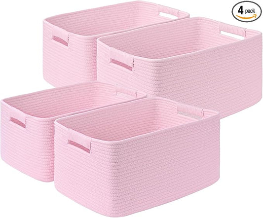4 Pack Large Storage Basket for Organizing, 17.5"x13"x7" Woven Basket for Shelves, Closet Cube Storage Bins with Wrapped Handle, Cotton Rope Baskets for Kitchen, Clothes, Toys(Light Pink)