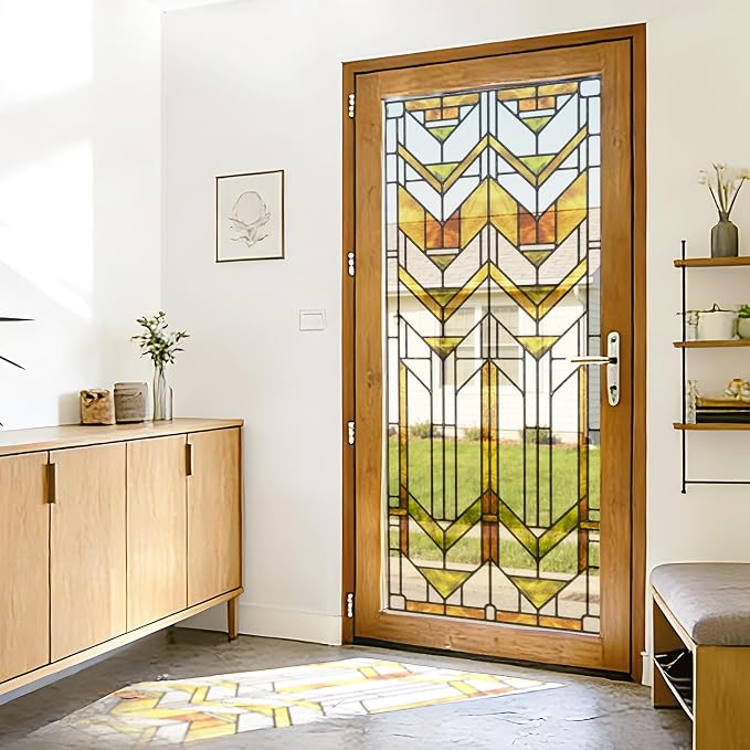 Faux Stained Glass Effect Transparent Window Film, Decorative Window Cling for Front Door Sliding Door Glass Film Decor Inspired by Frank Lloyd Wright, 29.53" x68.9" Martin House, Boho