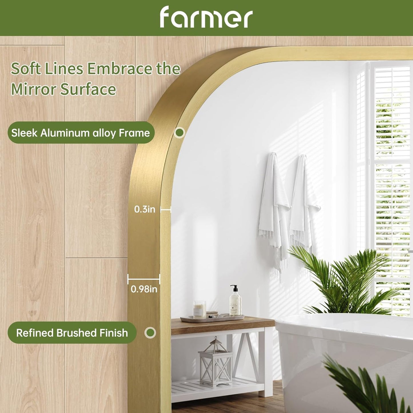 FARMER 26x38 Inch Gold Bathroom Mirror, Rectangle Vanity Mirror, Brushed Mirrors for Wall, Metal Frame Hanging Mirror with Round Corner for Bedrooms, Entryways, Living Rooms, Horizontal/Vertical