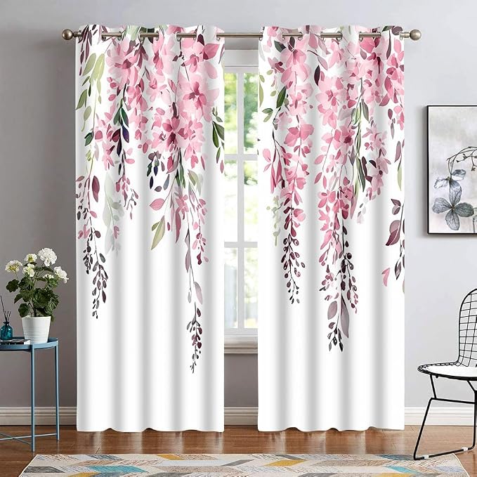 Pink Watercolor Floral Curtains, 52x84 inch, 2 Panels | Botanical Leaves Vine Flowers, Rustic Farmhouse, Blackout Window Treatment, For Bedroom Living Room