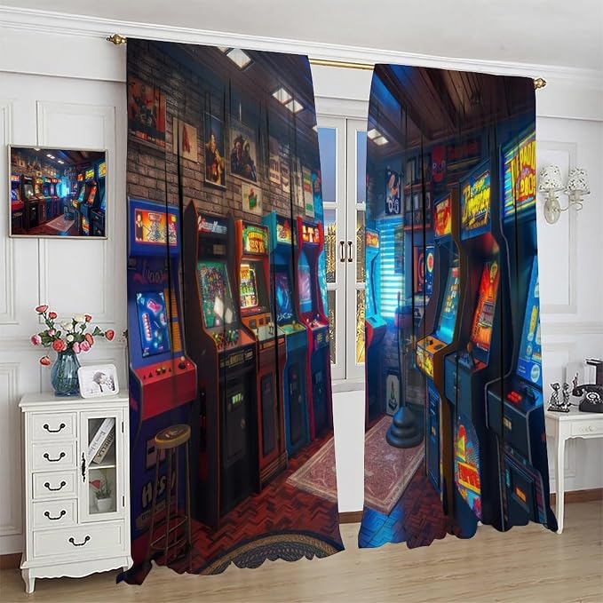 90s Arcade Blackout Curtains Glow in The Dark Cartoon Game Room Illustration Retro Pixel Design Window Treatments for Gaming Room Retro Game Cave Themed Cafe Kids Room 63" W X 72" L