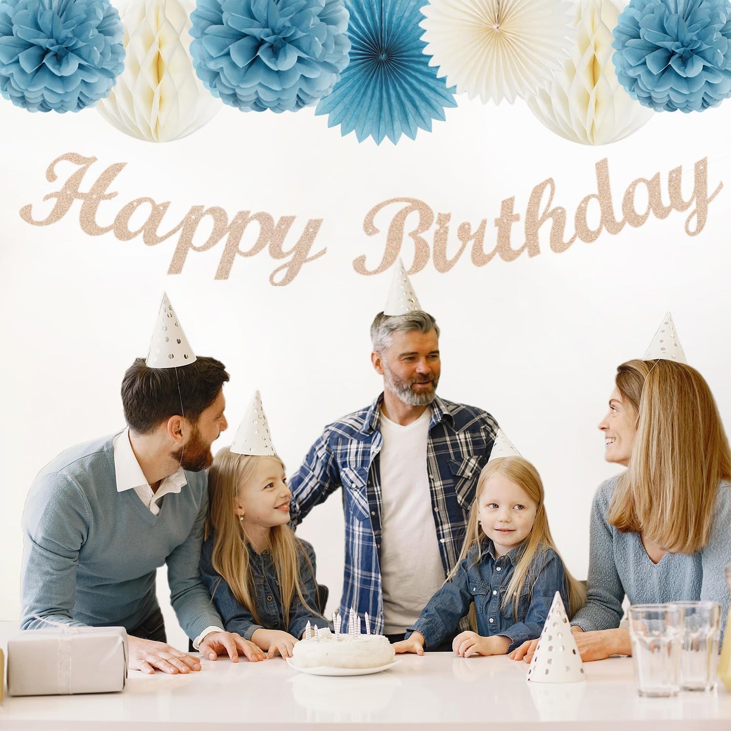 Dusty-Blue White Birthday Party-Decorations Paper-Flowers - 14pcs Happy Banner Boy Lanterns Tissue Pom Poms,Men Streamers Garland Fans Honeycomb,Baby Teen Male Kids Hanging Supplies Decor Hugfond