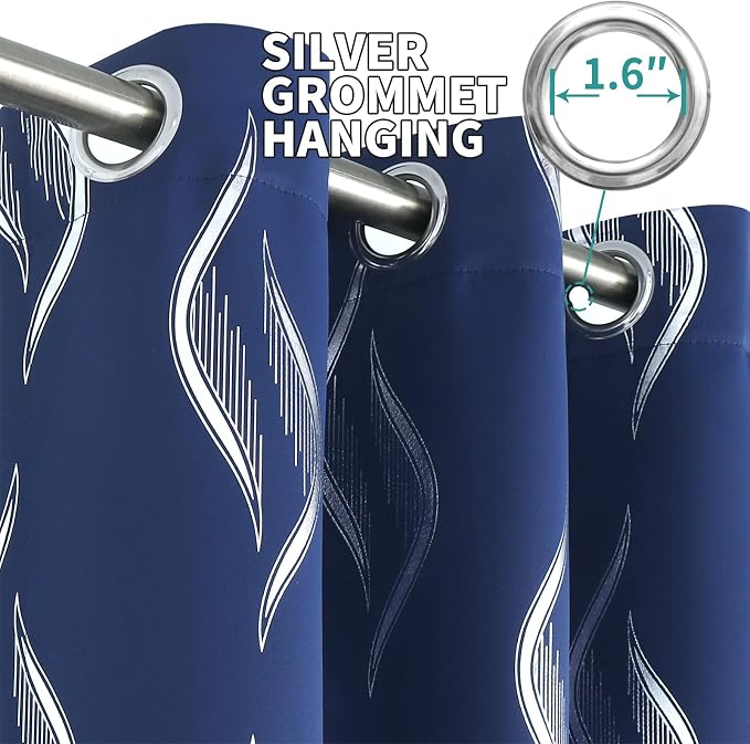 BGment Wavy Navy Blue Blackout Curtains 63 Inch Length 2 Panels Set, Thermal Insulated Privacy Grommet Window Drapes for Kids Boys Bedroom, 52 x 63 Inch