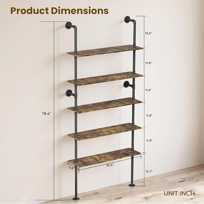 Merapi 5 Tier Wall Mounted Shelves for Coffee Bar & Bookshelf, Rustic Industrial Pipe Floating Wall Shelves, Farmhouse Wall Shelf for Kitchen Storage, Living Room, Bathroom & Pantry Organizer