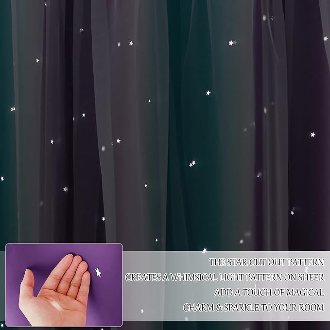 NICETOWN Kids Room Curtains with Hollow-Out Star and Tulle Overlay, Teal Purple Ombre Blackout Curtains for Boys Girls Bedroom Living Room Drcor, 34" Wide x 63" Long, 2 Panels