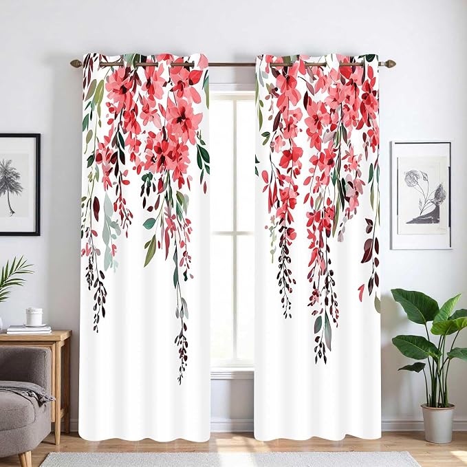 Red Watercolor Floral Curtains, Botanical Leaves Vine Flowers Curtain, Rustic Farmhouse Flower Leaf Blackout Window Treatment Drapes for Bedroom Living Room 52x96 inch, 2 Panels