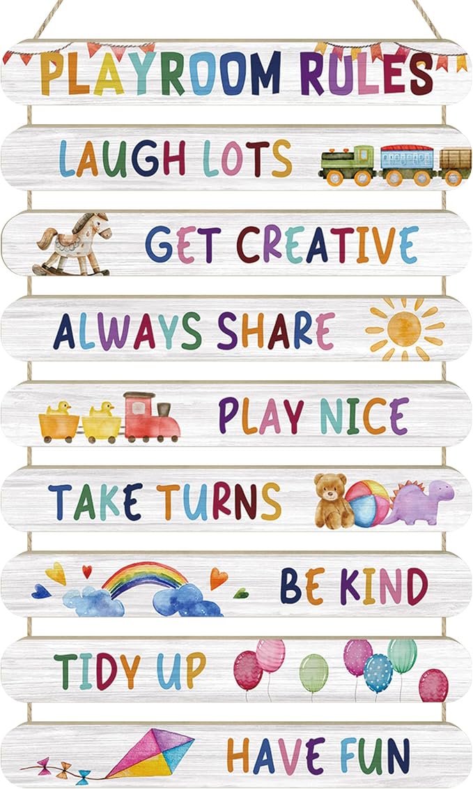 MONALET Playroom Rules Wall Decor for Classroom Nursery Kids Room Bedroom, Be Kind Have Fun Hanging Wooden Signs Door Decorations, Inspirational Positive Affirmations Wall Art Wood Plaque 9Pcs 12x19