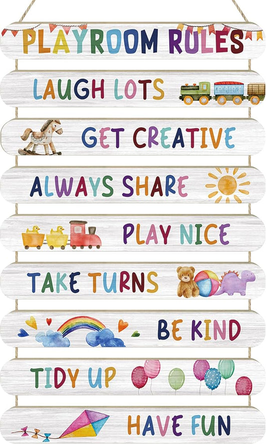 MONALET Playroom Rules Wall Decor for Classroom Nursery Kids Room Bedroom, Be Kind Have Fun Hanging Wooden Signs Door Decorations, Inspirational Positive Affirmations Wall Art Wood Plaque 9Pcs 12x19