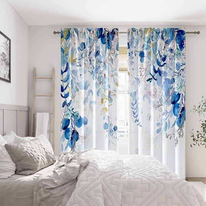 Blue Botanical Curtains 96 Inches Long for Living Room Watercolor Eucalyptus Leaves Light Filtering Curtains Spring Summer Blue and White Drapes for Bedroom Farmhouse Leaf Floral Printed Door Curtain