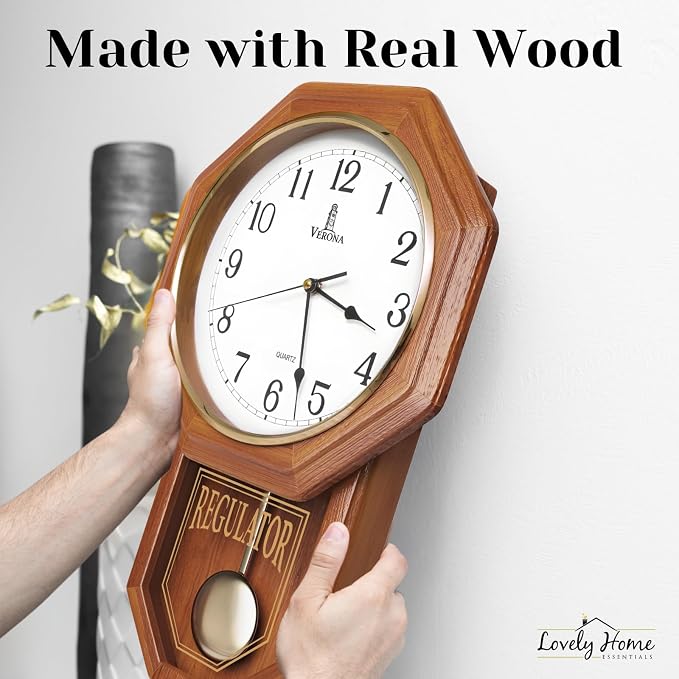 Pendulum Wall Clock Battery Operated - 18x11 Real Wood Regulator Clock - Schoolhouse Design with Pendulum - Quiet, Non-Chiming - Wooden Wall Decor for Living Room Decor, Home, Office and Gift