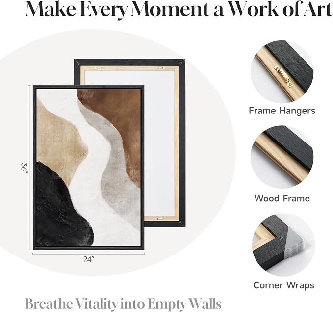 Large Framed Neutral Abstract Wall Art Set of 2 for Living Room, Brown Black White Minimalist Print Canvas Artwork for Walls, Contemporary Mid Century Modern Wall Decor for Bedroom Office, 24x36 In