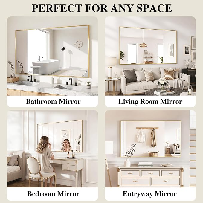 Koonmi Gold Rectangle Wall Mirror, 24x32 Inch Bathroom Mirror, Aluminum Frame Vanity Mirror for Entryway, Living Room, Bedroom Bathroom, Hangs Horizontally or Vertically