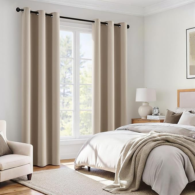 MIULEE Taupe 100% Blackout Curtains for Bedroom 84 Inch Long, 2 Thick Layers Thermal Insulated Black Out Window Curtains with Black Liner, Noise Reducing Grommet Living Room Drapes 2 Panels Set