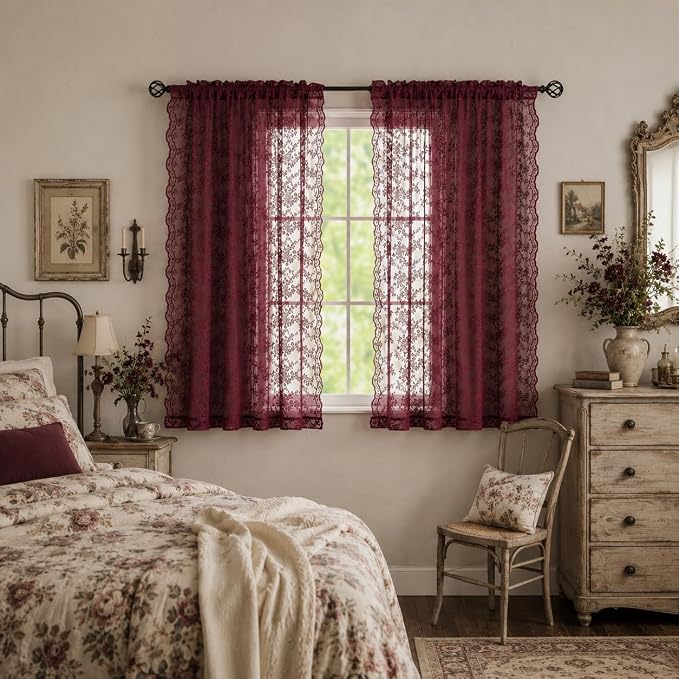 YJ YANJUN Vintage Lace Curtains 63 Inch Length 2 Panels- Burgundy Sheer Curtains for Dining Room Kitchen Bedroom Scalloped Edges Romantic Floral Window Treatment Light Filtering 52"W x 63"L Dark Wine