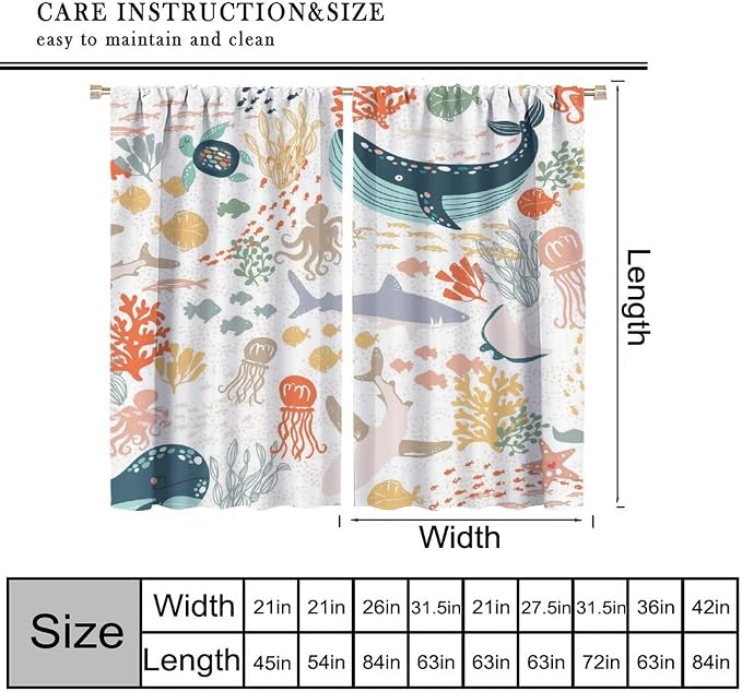 YCness Kids Sea Animal Curtains Funny Turtle Whale Ocean Colorful Art Printed Blackout Window Drapes for Boys Girls Bedroom Nursery Decor Fabric Set 2 Panel 72x63 Inch 80% Shading Rate
