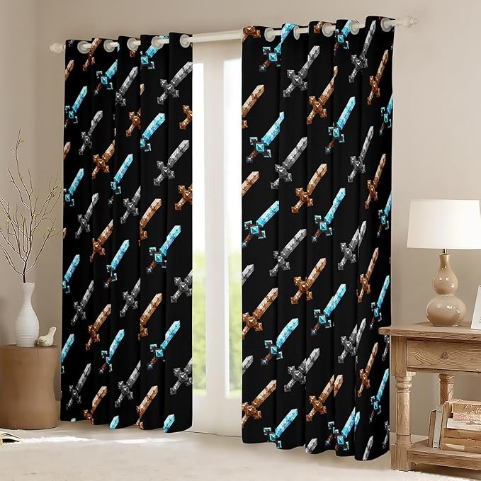 Castle Fairy Sandbox Sword Window Curtain,Pixelated Themed Swords Bedroom Decor Curtains,Kids Teens Block Building Games Window Treatment Grey Black Modern Blackout Drapes 2 Panels,38Wx54L