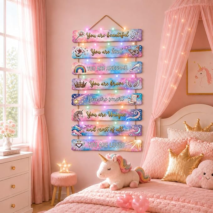Dreamy Unicorn Room Decor Set of 8 with Led Light for Teen Girls Kids Toddler, Preppy Inspirational Rainbow Galaxy Wood Nursery Wall Decor for Dorm Bedroom, Cute Dreamy Chic Motivational Princess Room Decor