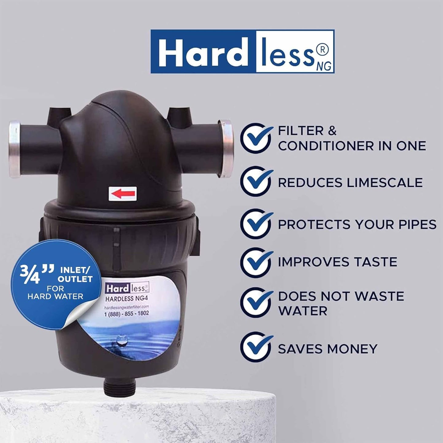 Hardless NG4 Whole House Water Filter- Salt-Free Alternative Softening Device- Reduces Limescale, Sediment & More - Compact, Easy to Install- Comes with 3/4" Inlet/Outlet- Home Water Filtration System