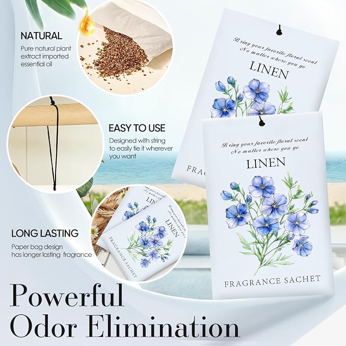 Linen Scented Sachet Bags - 12 Pack Drawer & Closet Freshener, Long Lasting Odor Eliminator for Wardrobes, Cars & Storage, Home Fragrance Air Freshener Sachets