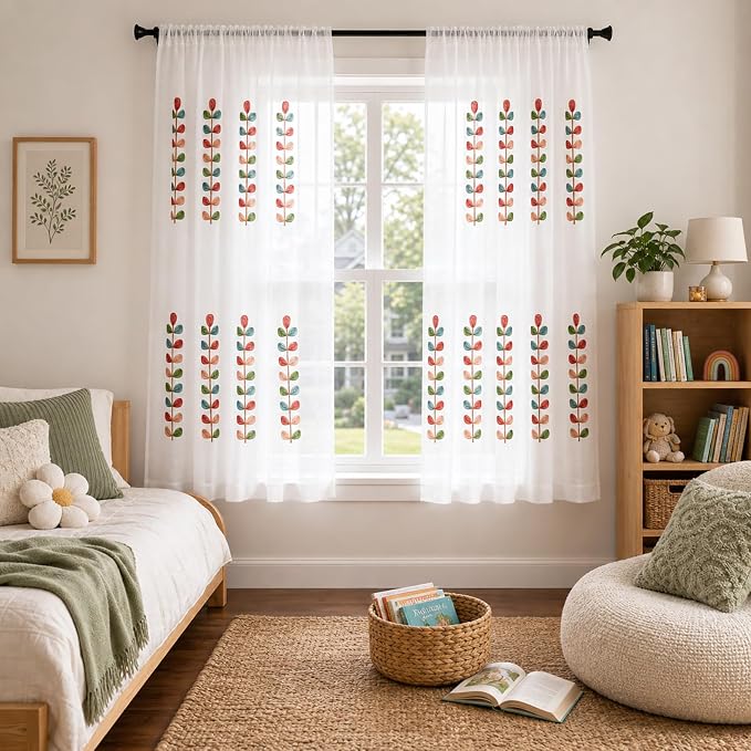 VOGOL Sheer Curtains 63 Inch Length, Colorful Leaves Embroidered White Sheer Window Treatments for Bedroom, Kitchen, Small Windows, W52 X L63, 2-Panel Pack