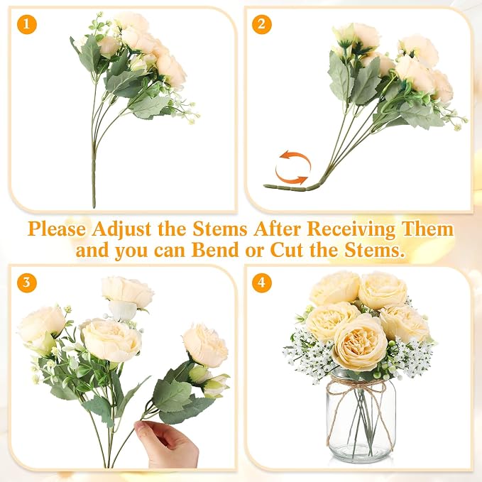 Zeyune 6 Sets Mason Jar Centerpiece Table Decorations, Artificial Peony Baby's Breath Flower Bouquets, Faux Flowers with Vase, Rustic Decor Gifts for Home, Wedding, Holiday (Champagne)