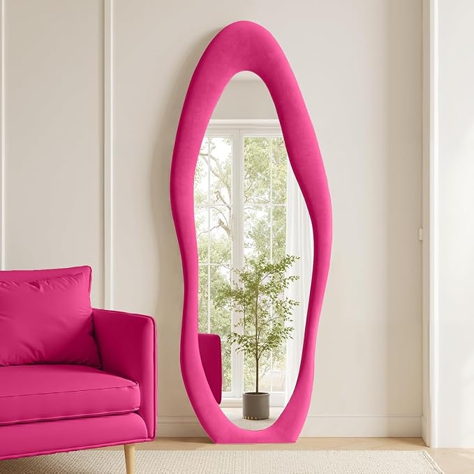 Dewfig Full Length Mirror, 63" x 24"Irregular Mirror, Large Floor Length Mirrors Wall Mounted, Standing Mirrors with Flannel Wrapped Wooden Frame for Bedroom/Living Room, Hot Pink