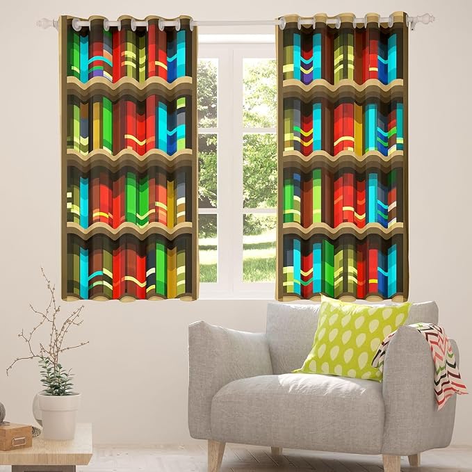 Castle Fairy Bookshelf Window Curtain,Pixelated Bookshelf Blackout Window Treatment,Kids Boys Teens Pixel Style Games Bedroom Curtains Anime Bookcase Theme Living Room Decor Top 2 Panels,42Wx63L