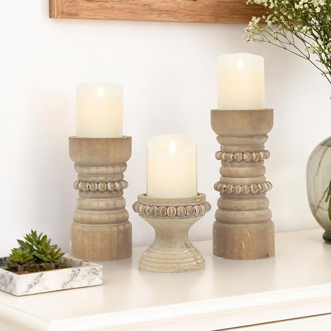Rustic Natural Wood Candle Holders Set of 3, Farmhouse Beaded Wood Pillar Candle Holder, Candle Holders for Pillar Candles & Candlesticks, Candle Sticks Holder Decor for Table Centerpiece