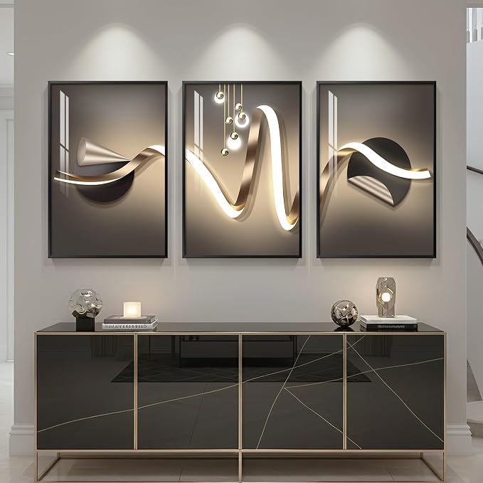 Large Framed Modern Luxury Black and Gold Abstract Wall Art for Living Room, 3 Piece Contemporary Elegant Prints Paintings, Geometric Pictures for Bedroom Entryway Home Office Wall Decor 24x36 In