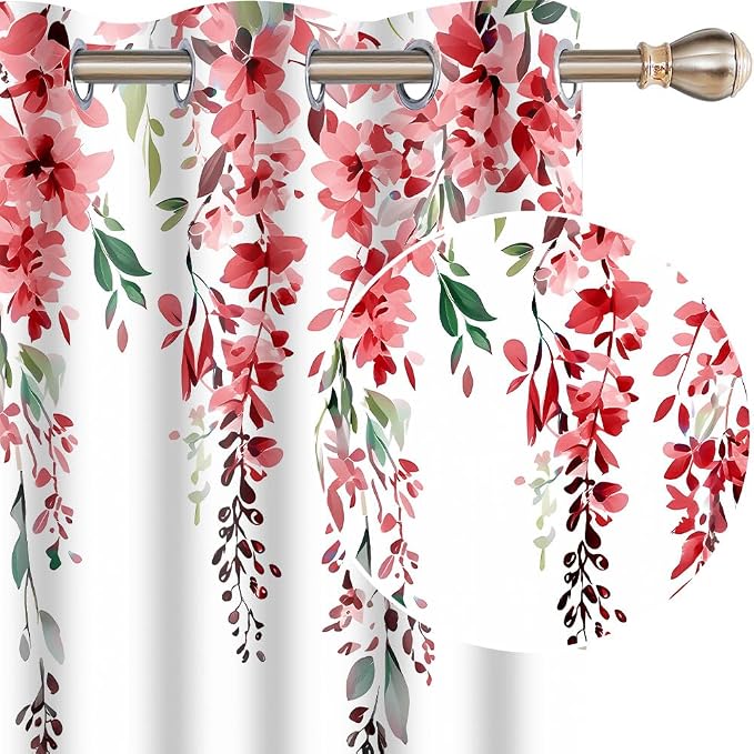 Red Watercolor Floral Curtains, 42x63 inch, 2 Panels | Botanical Leaves Vine Flowers, Rustic Farmhouse Style, Blackout Window Treatment, For Bedroom Living Room