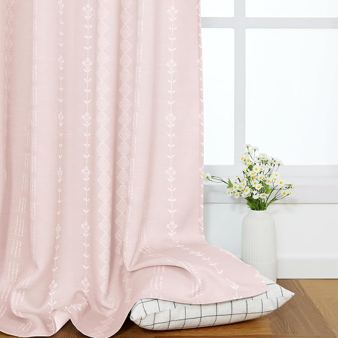 Lino Rosa Light Pink Striped Curtains for Girls Room, Semi Blackout Nursery Curtains Baby Girl, Short Boho Cute Curtains for Bedroom