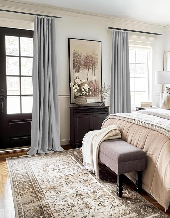 100% Blackout Shield Full Blackout Curtains for Bedroom 63 inch Length 2 Panels Set, Clip Rings/Rod Pocket Faux Linen Black Out Curtains for Living Room, Thermal Insulated, 50Wx63L, Grey