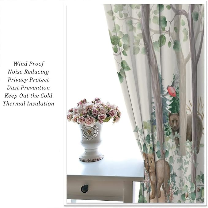 Forest Animal Kids Curtains, Wild Rustic Bear Fox Deer Children Cartoon Window Treatments for Living Room, Watercolor Blackout Drapes 2 Panel Sets,63x63 Inch