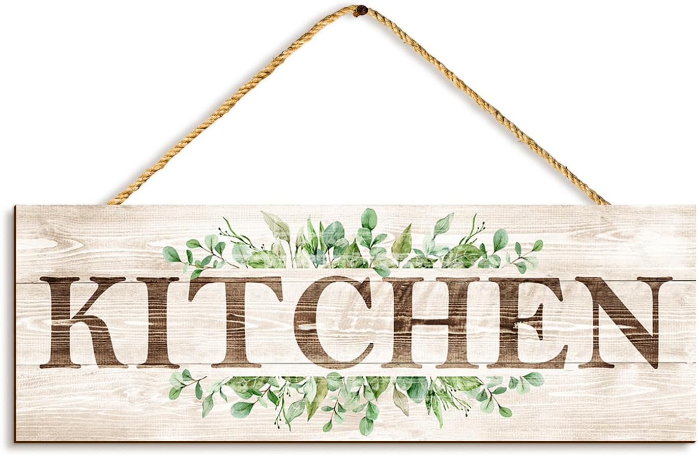 Kitchen Sign Wall Decor, Kitchen Wall Art with Plant Print, Rustic Farmhouse Wall Hanging Plaque Home Kitchen Decorative Kitchen, 4.7 x 13.7 inches