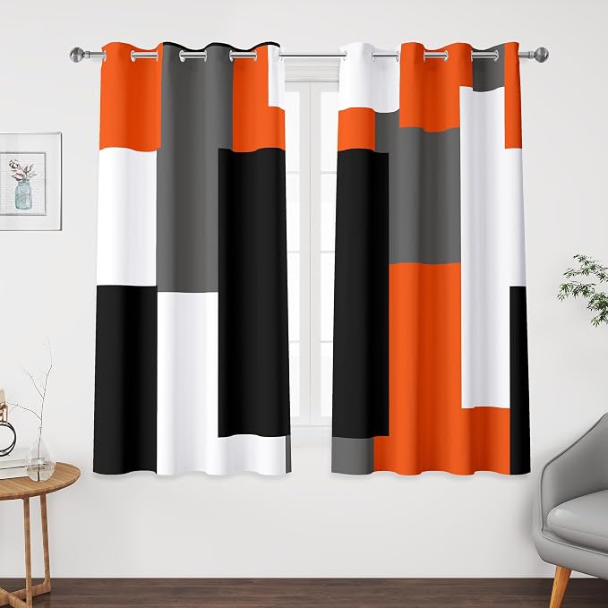 Tyrot Orange 100% Blackout Curtains 45 inch Length 2 Panels Set White Grey Modern Abstract Geometric Drapes for Kitchen Black Out Curtains Insulated Room Darkening Small Window Curtains, 52Wx45L