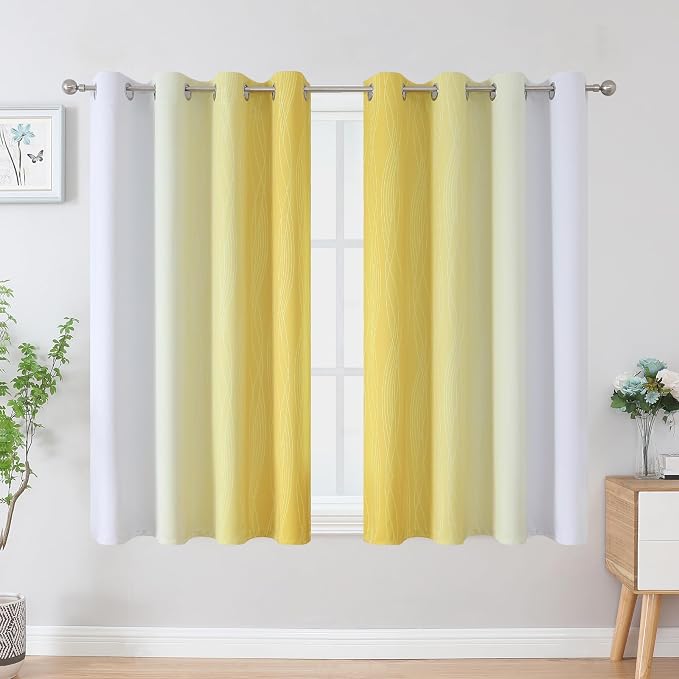 Estelar Textiler Yellow and Greyish White Blackout Curtains 45 Inch Length, Light Blocking Gradient Drapes for Bedroom, Thermal Insulated Grommet Ombre Curtains for Bathroom,52Wx45L,2 Panels