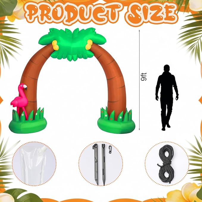 Shappy 9 ft Inflatable Palm Tree Arch Summer Inflatable Outdoor Decor with Flamingo LED Lighted Blow up Palm Tree for Beach Luau Hawaiian Tropical Birthday Pool Party Yard Lawn Garden Decoration