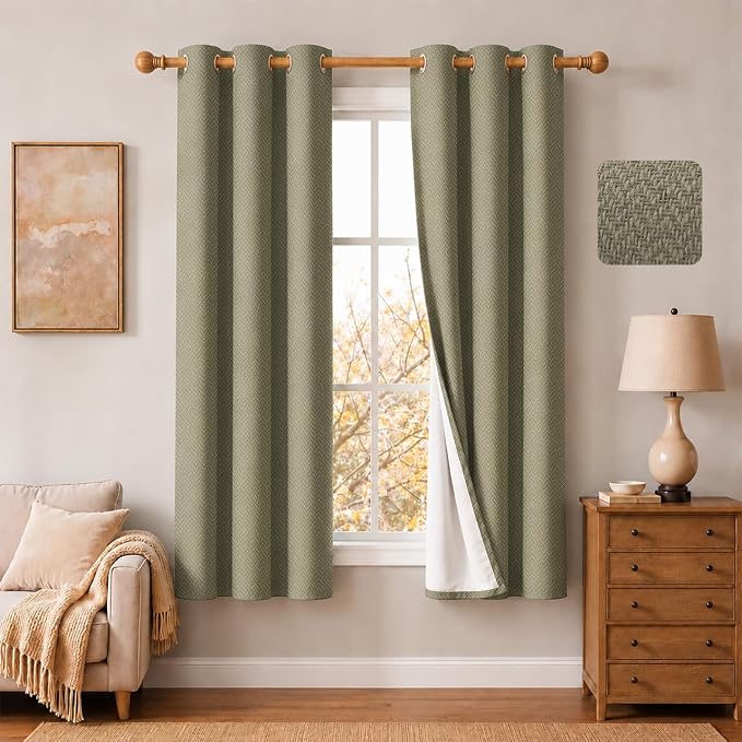 2 Panels 100% Blackout Linen-Textured Curtains, Thick Thermal Insulated Grommet Drapes with Subtle Herringbone Weave, Luxury Decor for Bedroom/Living Room, 37 x 72 Inches, Taupe