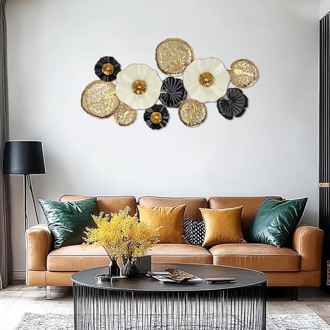 Arborus Modern Floral Metal Wall Art - Elegant Black, Gold, and White Decorative Flower Sculpture for Home & Office Décor (43.3" x 23")