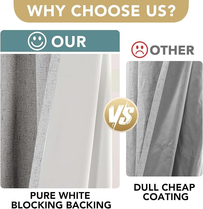 H.VERSAILTEX Linen Curtains 100% Blackout Curtains for Bedroom 102 inch Long Full Light Blocking Nature Linen Blended Window Curtains for Living Room Nickel Grommet (2 Panels, Glacier Gray)