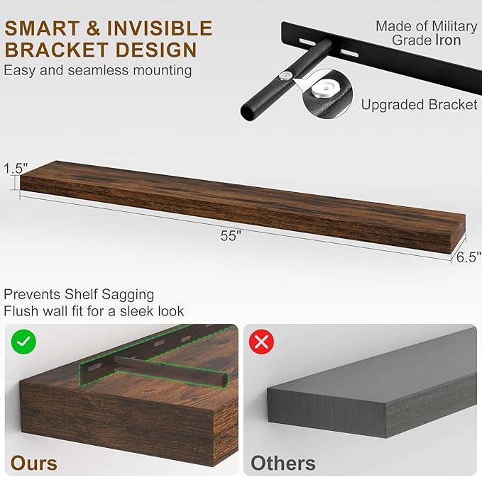 Fun Memories 55 Inch Fireplace Mantel - Long Floating Shelf, Wall Mounted Farmhouse Display with Invisible Heavy Duty Metal Bracket, Brown