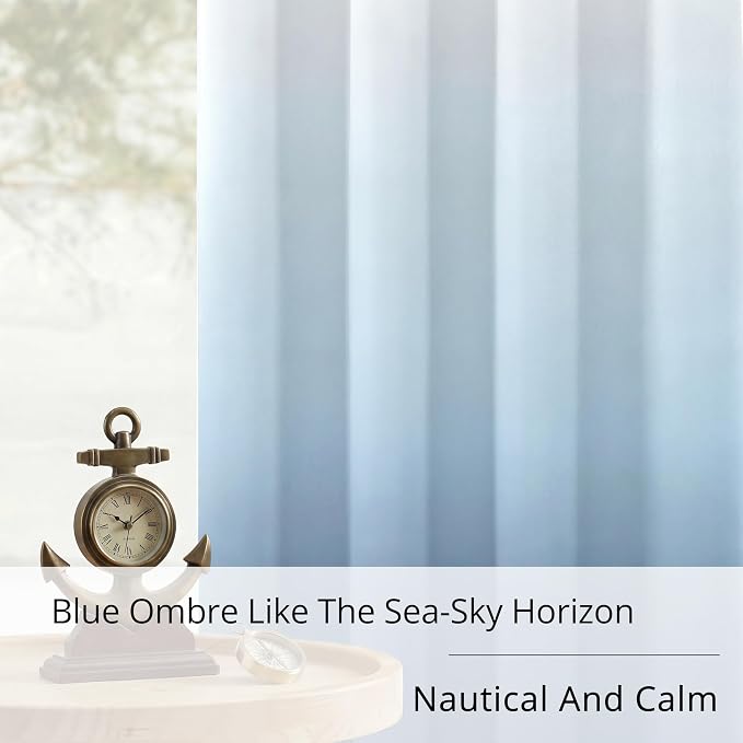 Coastal Gradient Blackout Curtains for Boys Bedroom - 100% Blackout Ocean Theme Thermal Insulated Noise Reducing, Room Darkening Curtain for Kids Room Nursery, 2 Panels, Each W52×L84