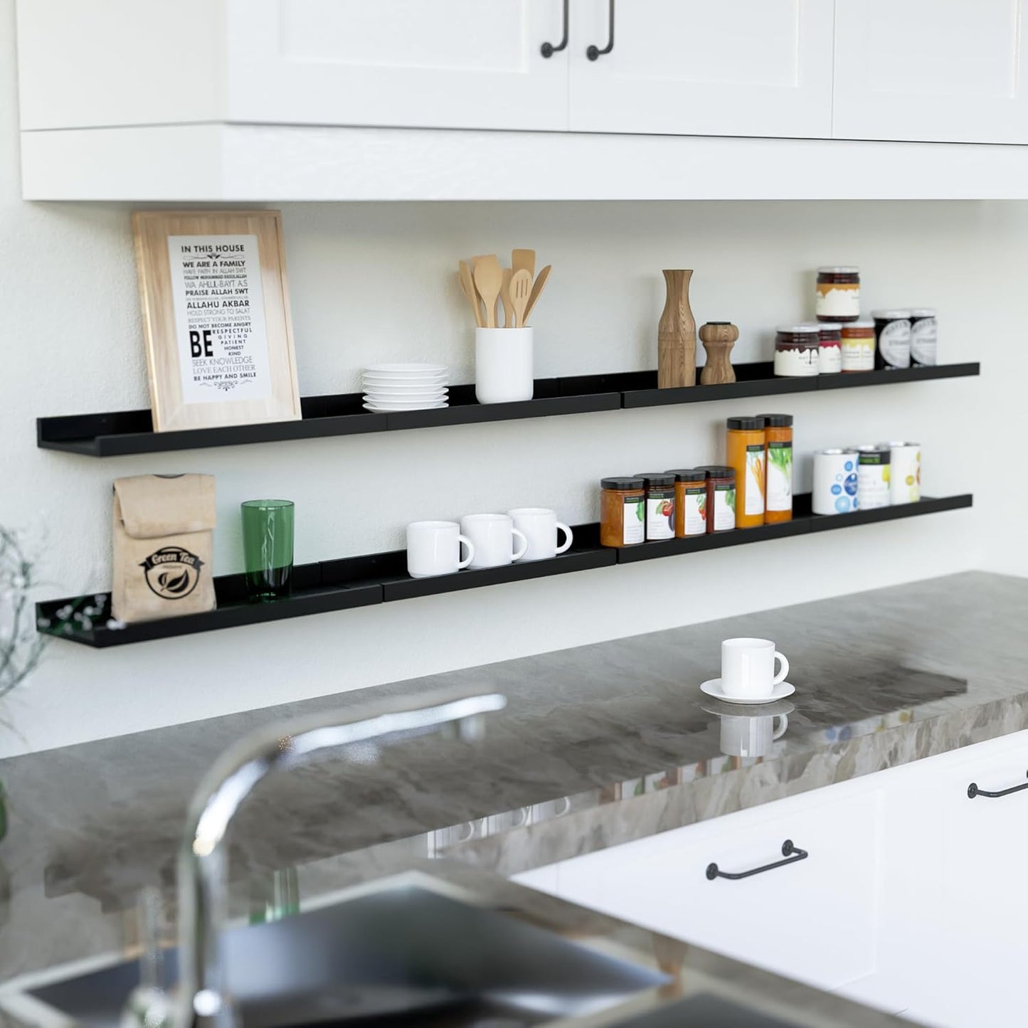 RICHER HOUSE Floating Wall Mounted Shelves, 8pc Set with Lip - Black Nursery Book Shelves for Bedroom, Bathroom, Kitchen Decor Storage